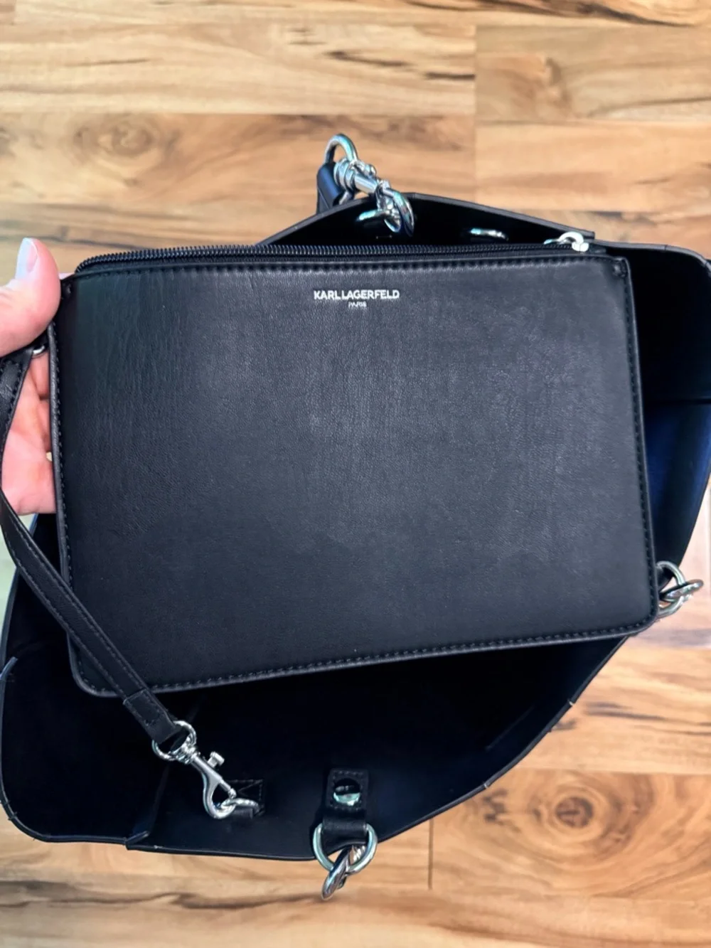 Karl Lagerfeld Paris Adele Tote Black Large Shoulder Bag Pouch Designer Handbag